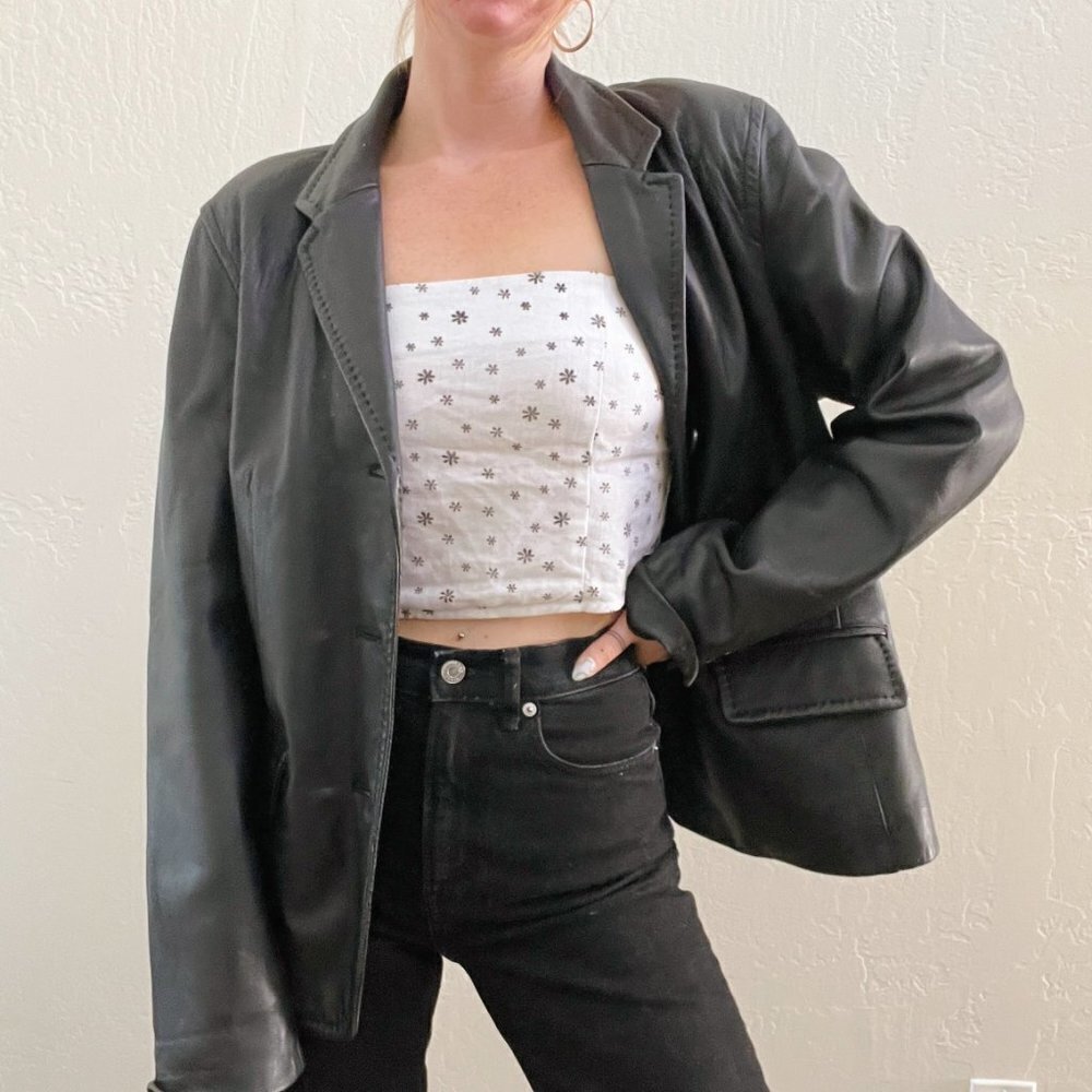 Vintage 1990's Black 100% Leather Button Up Blazer Style Jacket - Picture 2 of 6